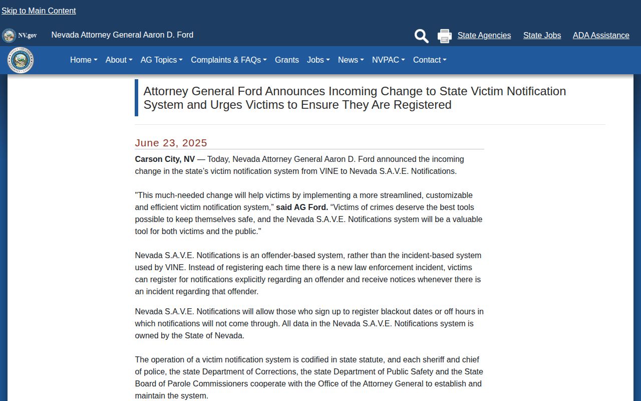 Nevada S.A.V.E. transition information for Storey County 24-hour releases