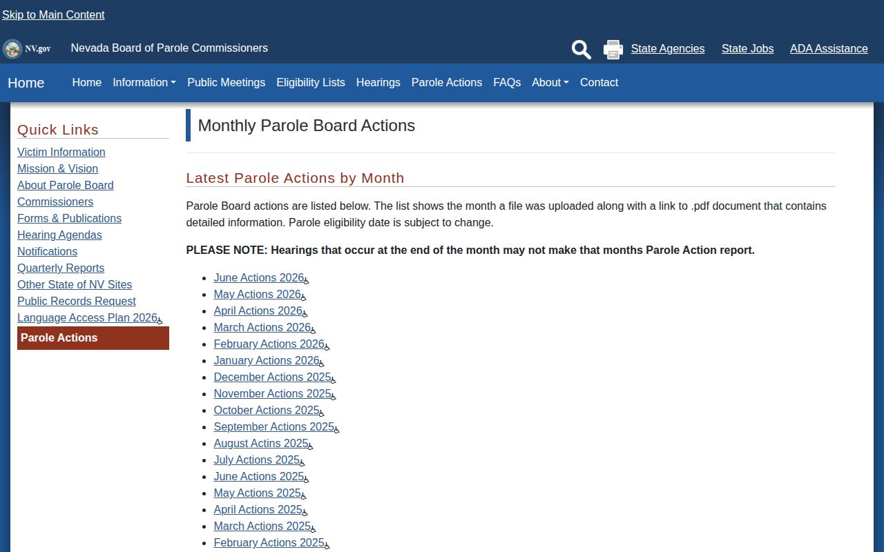 Storey County parole release monthly Board action records