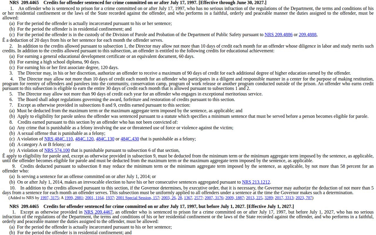 Storey County release date lookup Nevada sentence credit statute