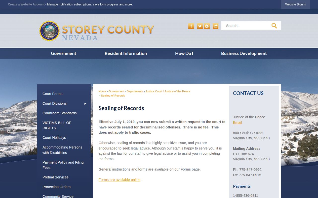 Storey County record sealing information affecting released-inmate mugshot access