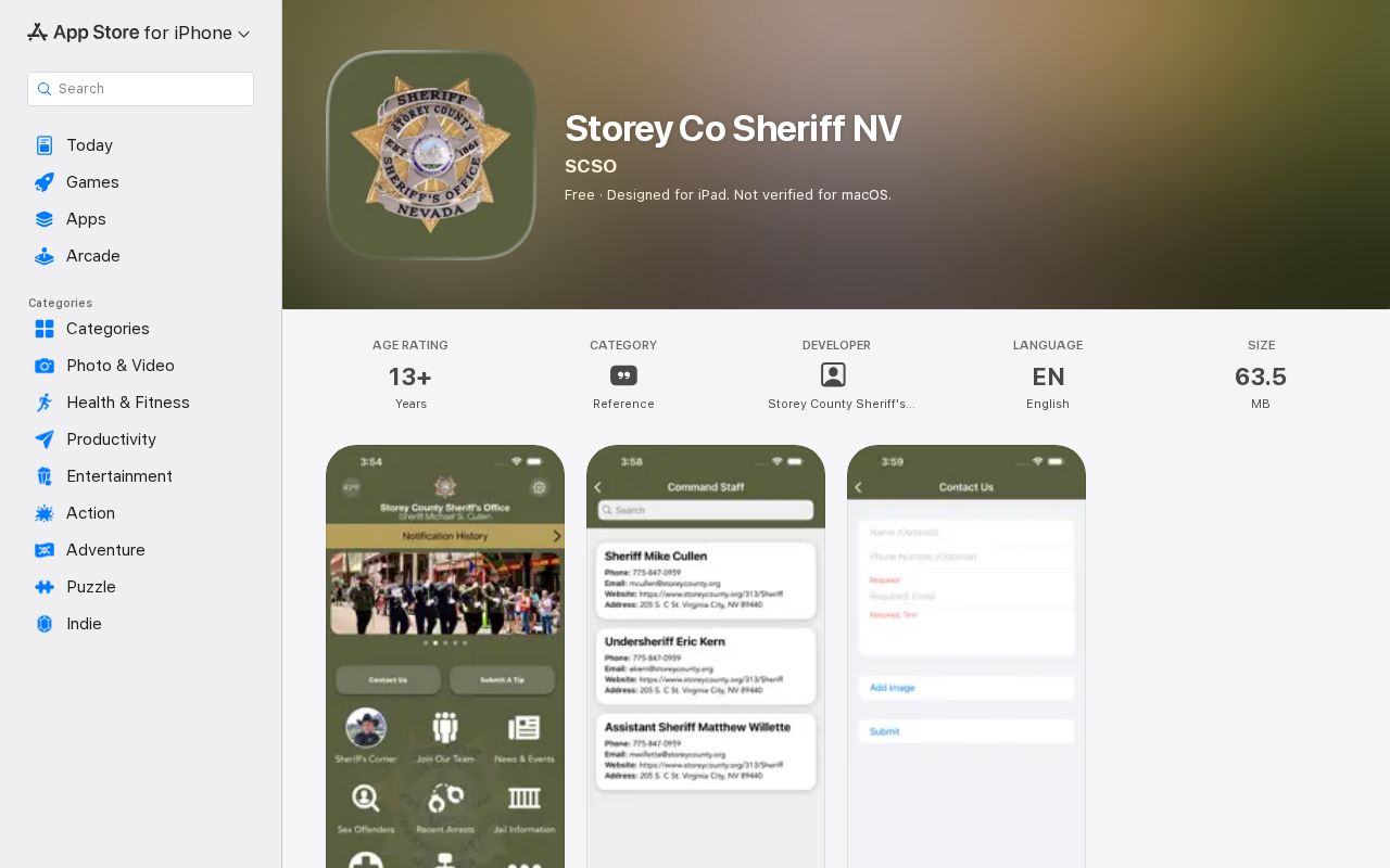 Storey County Sheriff app listing without a released-inmate mugshot feature