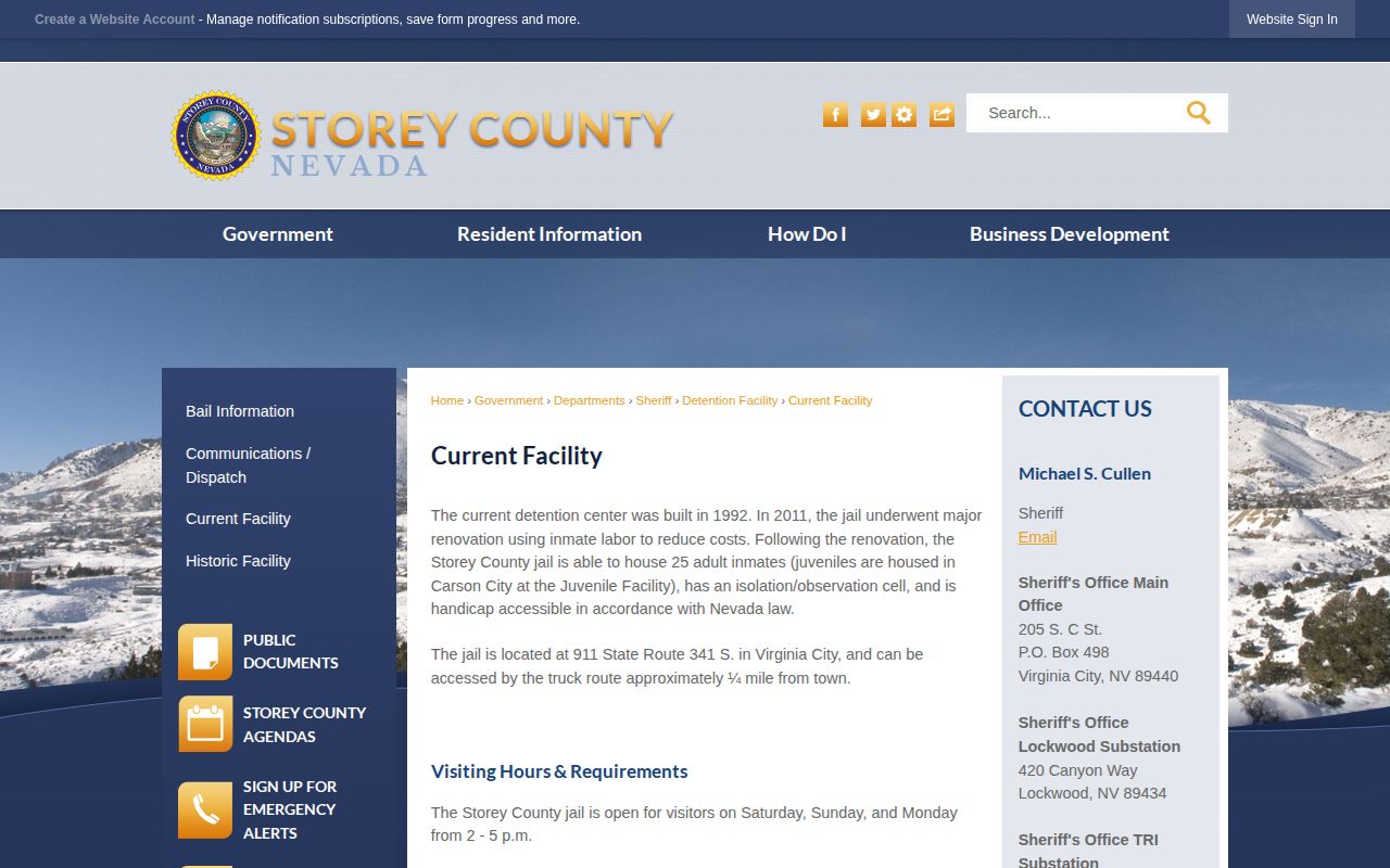 Storey County Detention Center released inmate facility information