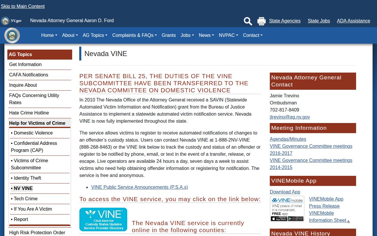 Storey County VINE inmate check legacy Nevada information